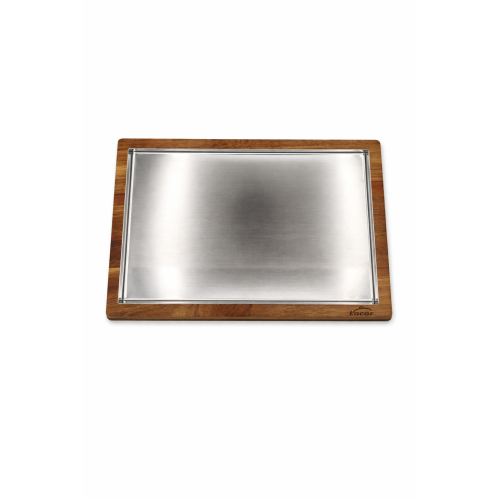 llauna rectangular de acero inoxidable con base de madera