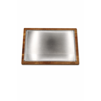 llauna rectangular de acero inoxidable con base de madera