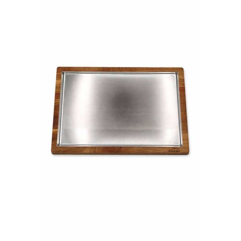 llauna rectangular de acero inoxidable con base de madera
