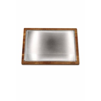 llauna rectangular de acero inoxidable con base de madera