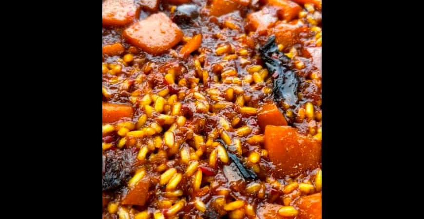 Receta de @cris_riceandmeal: arroz de calabaza, boletus y pollo al horno glaseado con vermut y naranja